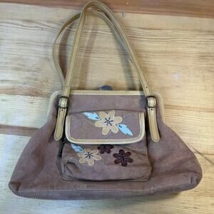 Fossil Forever Floral Embroidered Suede Leather Shoulder Bag Brown Tan